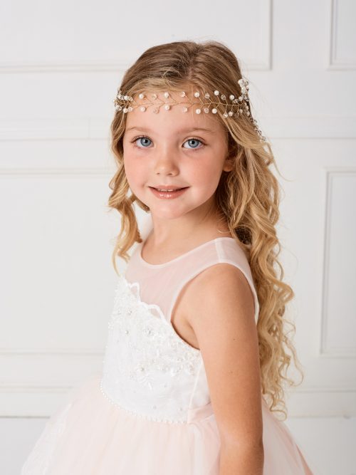 Rhinestone and Pearl Wire First Communion Headpiece with Satin Tie Back