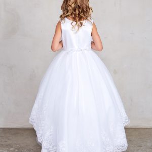Satin First Communion Dress with Lace Train Back