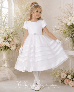 Short Sleeve Satin First Communion Dress with Satin Trim Skirt
