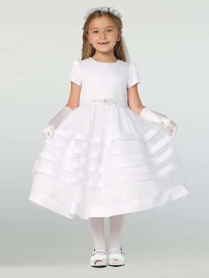 New Style Short Sleeve Satin First Communion Dress with Satin Trim Skirt 2020