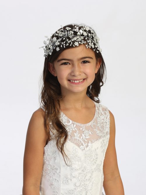 Flower with Beads Wire Floral First Communion Headpiece with Satin Ties