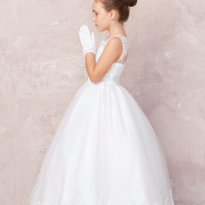 Plus Size First-Holy-Communion-Gown-with-Beaded-Bodice-Lace-Hem for Girls