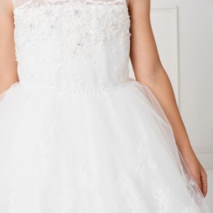 Stylish Tea Length White Lace Organza First Communion Dress