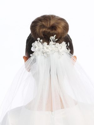 First Communion Comb Veil Organza flowers and rhinestones, pearls and crystals