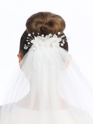 First Communion Comb Veil Organza flowers and rhinestones