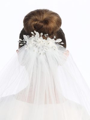 First Communion Veil on comb - Organza flowers and rhinestones