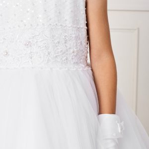 Tea Length Lace and Mesh First Communion Dress with Sheer Neckline