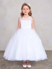 Holy Communion Dress with Illusion Neckline with Lace bodice