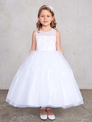 Holy Communion Dress with Illusion Neckline with Lace bodice