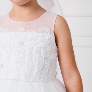 White Lace First Communion Dress with Mesh