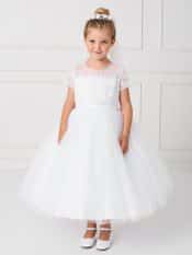 White Lace Satin and Mesh First Communion Dress with Short Sleeves