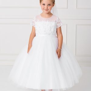 White Lace Satin and Mesh First Communion Dress with Short Sleeves