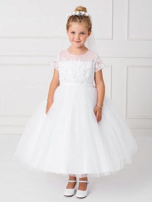 White Lace Satin and Mesh First Communion Dress with Short Sleeves