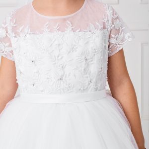 White Lace Satin and Mesh First Communion Dress with Short Sleeves Bodice