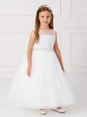 Holy Communion Dress with Illusion Neckline Crystal Sash