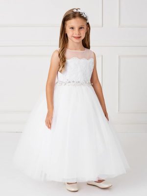 Holy Communion Dress with Illusion Neckline Crystal Sash