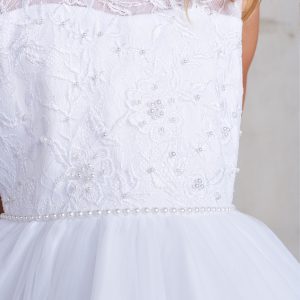 White Satin Bodice First Communion Dress with Lace Train