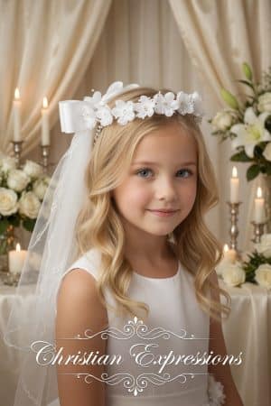 Wreath First Communion Veil Organza Flowers with Crystal Accents and Leaves