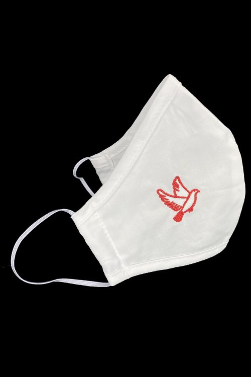 White Confirmation Face Mask with Red Dove