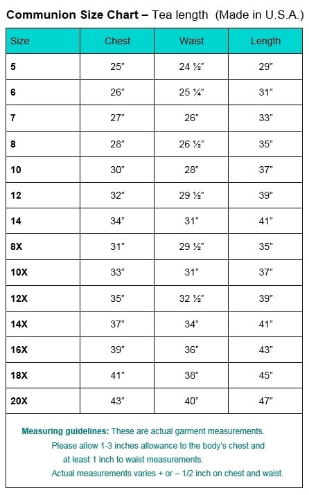 First Communion Dress Size Chart