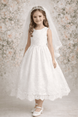 First Communion Dress Corded embroidery lace on tulle