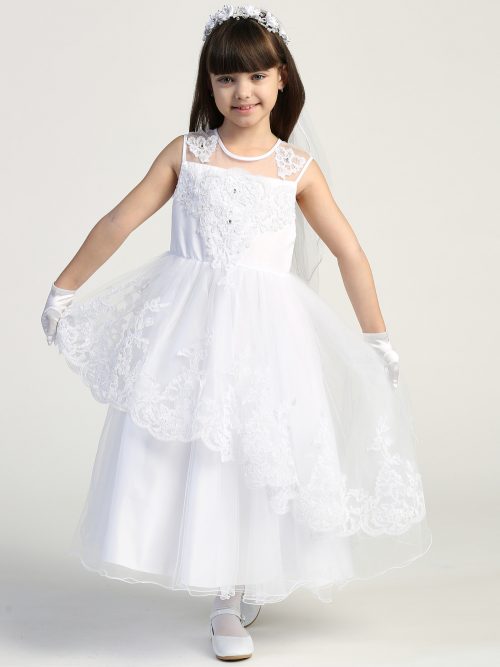 First Communion Dress Illusion neckline with beaded applique bodice