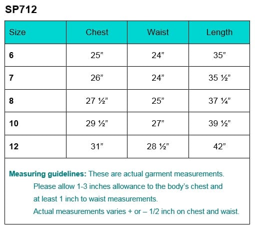 First Communion Dress Size CHart SP712