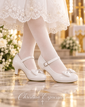 White Patent Leather First Communion Shoes with Bow and Rhinestone Accent