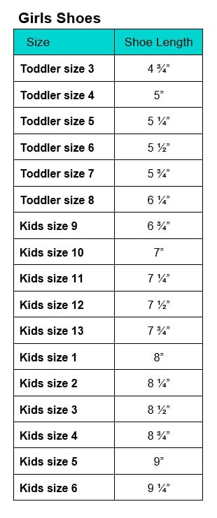 Girls Shoes Size Chart