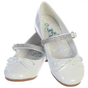 Girl's flat First Communion shoes with rhinestone strap and bow
