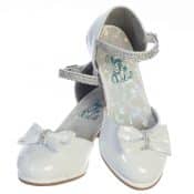 White Patent Leather First Communion Shoes with Bow and Rhinestones