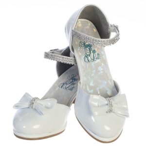 White Patent Leather First Communion Shoes with Bow and Rhinestones