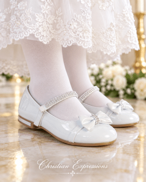 Girl’s flat First Communion shoes with Bow and Rhinestone Strap