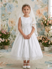 Girls First Communion Dress with Corded Embroidery and Sequins