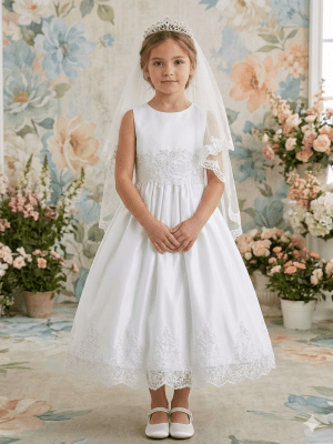Girls First Communion Dress with Corded Embroidery and Sequins