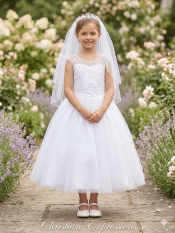 First Communion Dress Embroidered tulle bodice with sequins
