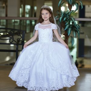 Beautiful Cap Sleeve First Communion Gown with Apron Skirt