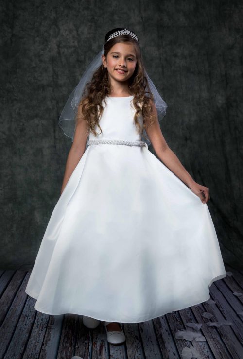 A Line Satin First Communion Dress with Pearl Waist
