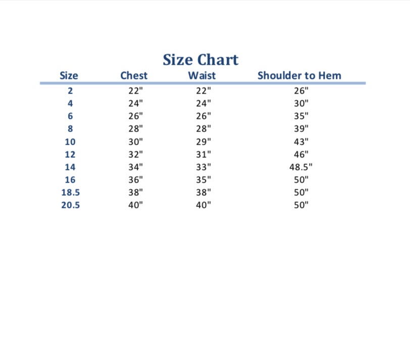 First Communion Size Chart