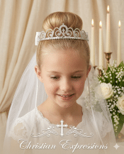 First Communion Rhinestone Tiara with Cross and 24" Veil – Swirl Design