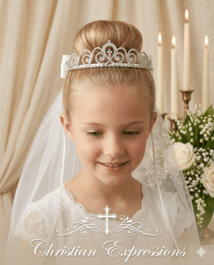 First Communion Rhinestone Tiara with Cross and 24" Veil – Swirl Design