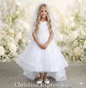 First Communion Dress with Glitter Bodice with Lace Applique and Tail Skirt