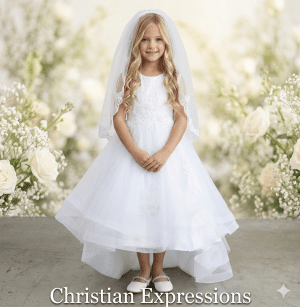 First Communion Dress with Glitter Bodice with Lace Applique and Tail Skirt