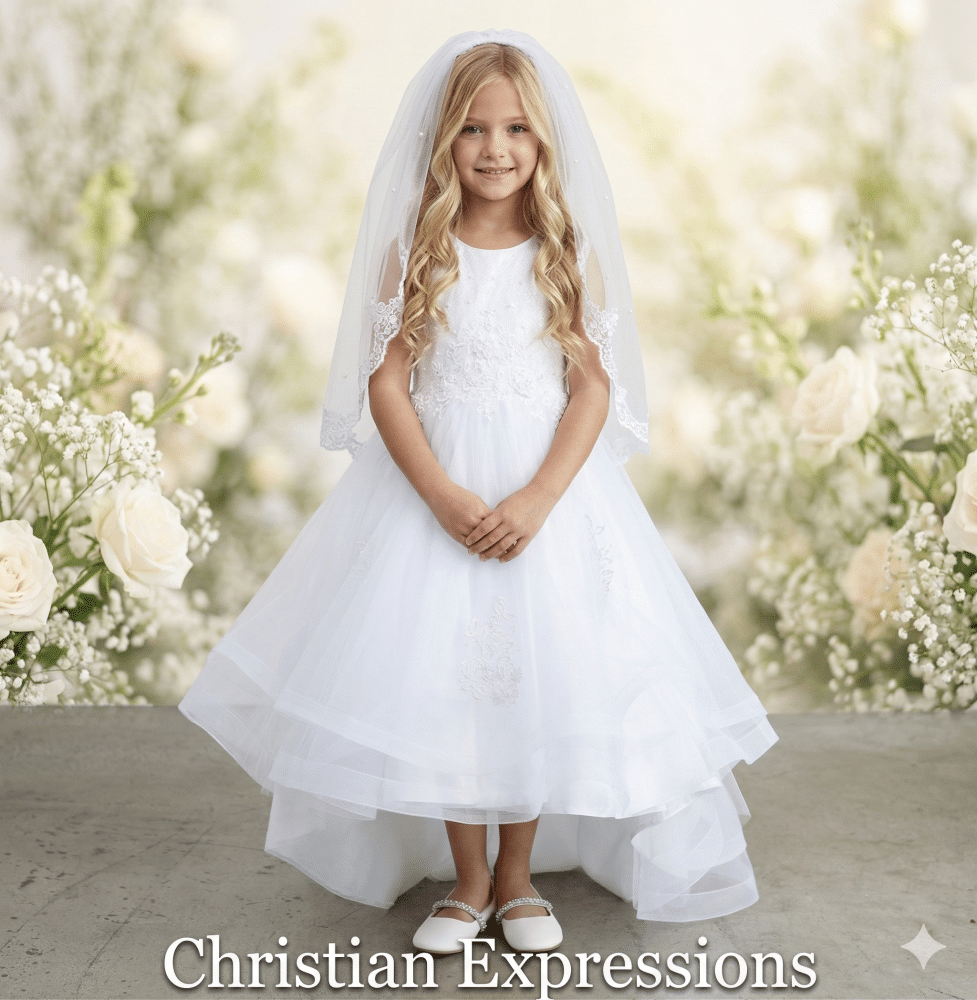 First Communion Dress with Glitter Bodice with Lace Applique and Tail Skirt  - FirstCommunions.com