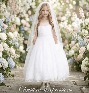 First Communion Dress with lace bodice and lace hem