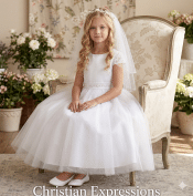 Lace Cap Sleeved First Communion Dress with Lace Overlay and Pearl Waistline
