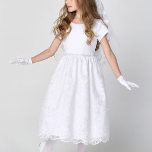 First Communion Dress Satin Bodice Corded Embroidery