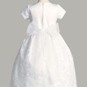 First Communion Dress Satin Bodice Corded Embroidery Short Sleeves