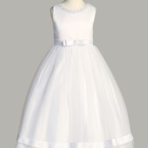 First Communion Dress Satin Bodice with Glitter Skirt Double Satin Band Trim Satin Bow