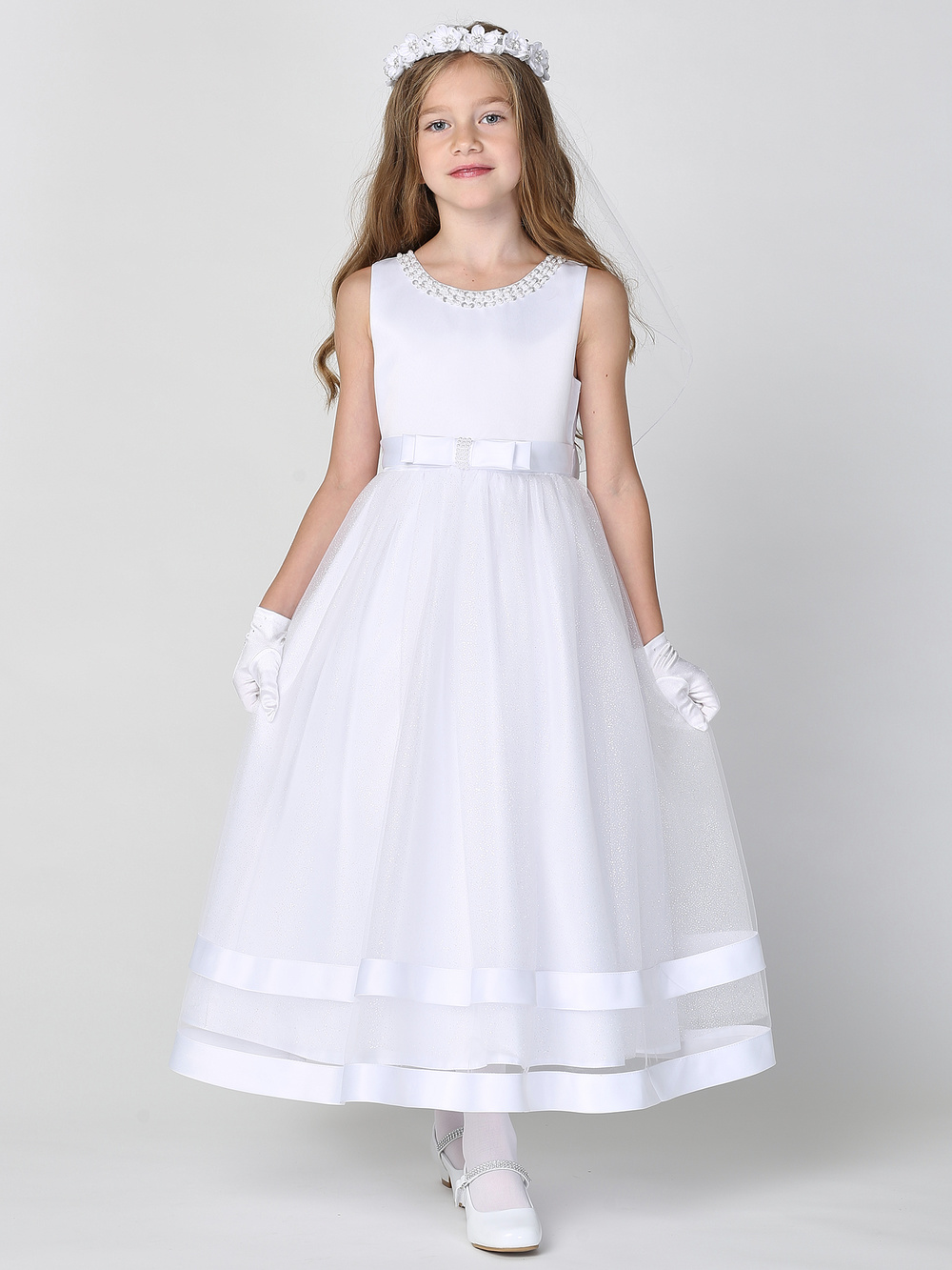 First Communion Dress Satin Bodice with Glitter Skirt Double Satin Band Trim